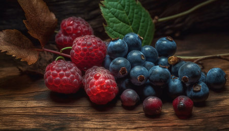 Close-up of raspberries and blueberries on a rustic wooden surface. The vibrant colors and natural textures make for a beautiful still life. The berries are fresh and ripe, showing the beauty of nature's bounty.の写真素材