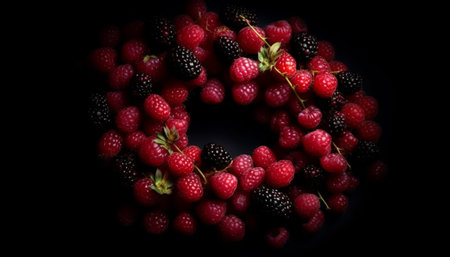 A close-up image of a circle of fresh raspberries and blackberries, arranged against a dark...
