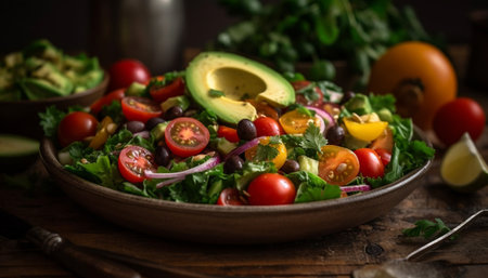 A close-up shot of a fresh avocado salad with cherry tomatoes, black beans, and other vegetables in a rustic wooden setting.の写真素材