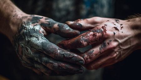 A close-up photo of two hands covered in paint, showing the dedication and passion of a craftsman.の写真素材
