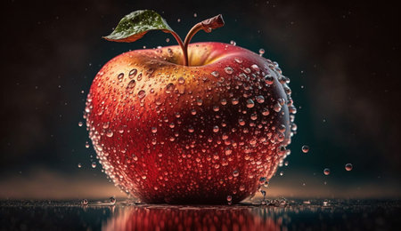 A red apple covered in dewdrops against a dark background. The drops of water create a shiny and...