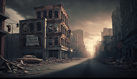 An abandoned cityscape amidst rubble and destruction, a haunting reminder of a lost civilization.