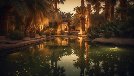 A serene oasis with a pool reflecting the surrounding palm trees and lush greenery. The calm water and warm lighting create a tranquil atmosphereの写真素材