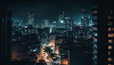 A stunning night cityscape with towering skyscrapers illuminated by vibrant lights. The city glows against the dark sky creating an impressive display of urban architecture.の写真素材