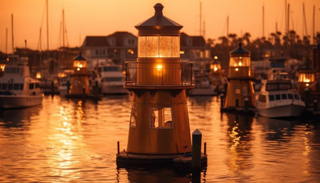 A golden lighthouse stands tall in a harbor at sunset, with boats and water reflecting the warm colors of the sky.の写真素材