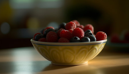 A close up shot of a bowl filled with fresh raspberries and blueberries. The bowl is yellow and has...