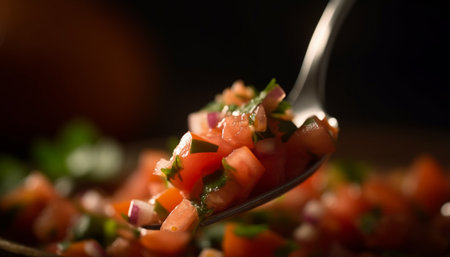 A close up of a spoon holding fresh pico de gallo, a popular mexican salsa made with tomatoes, onions, cilantro, and spices.の写真素材