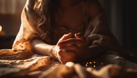 A woman's hands, gently clasped together, bathed in soft golden sunlight, radiating peace and tranquility.の写真素材