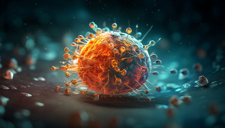 A close-up microscopic view of a virus with spikes, highlighting its structure and potential for...