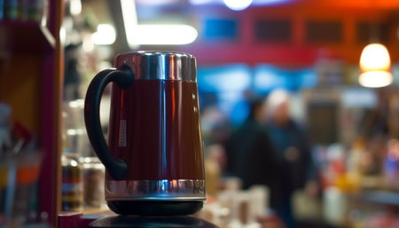 A red kettle sits on a countertop in a store. The kettle is made of stainless steel with a black handle, and it has a silver base. The background is blurry, showing other products and people in the store.の写真素材