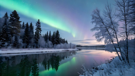 Breathtaking aurora borealis illuminating a tranquil frozen river and snow covered forest.の写真素材