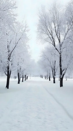 A snowy path winds through a winter wonderland of frost covered trees. Serene and peaceful winter scene.の写真素材