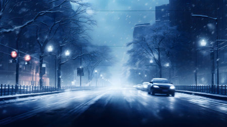A tranquil winter night scene of a snow-covered city street with cars driving through the falling...