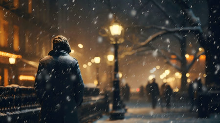 A lone figure walks through a snow-covered city street at night. Warm lights illuminate the scene, creating a serene yet melancholic atmosphere.の写真素材