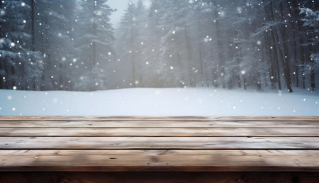 A rustic wooden table set against a stunning winter forest backdrop. Perfect for showcasing products or creating festive designs.の写真素材