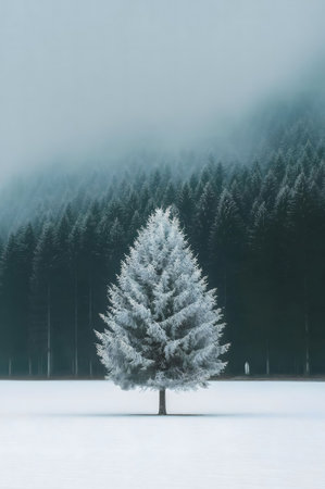 A single, frost-covered evergreen stands alone in a snowy field, with a misty forest in the background. Winter wonderland.の写真素材
