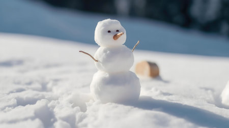 A small snowman stands proudly in a snowy landscape. It's a charming winter scene.の写真素材