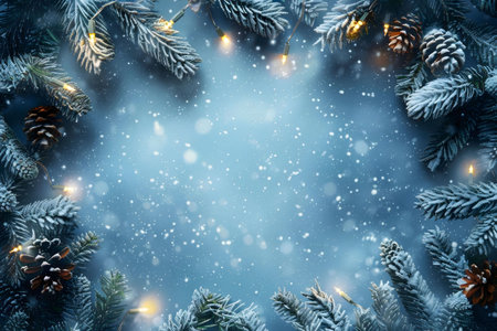 A festive winter scene featuring snow-covered pine branches adorned with warm fairy lights and...