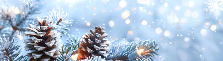 Close-up of snow-covered pine cones on a frosty winter day. Festive and magical winter scene.