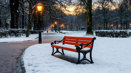 A red bench sits in a snow-covered park at dusk. Warm lamplight illuminates the path.の写真素材
