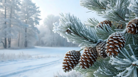 A frosty winter scene featuring pine branches laden with snow-covered pine cones. The background showcases a snowy forest.の写真素材