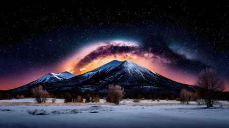 Majestic Milky Way galaxy arching over snow-covered mountains under a starlit night sky.の写真素材