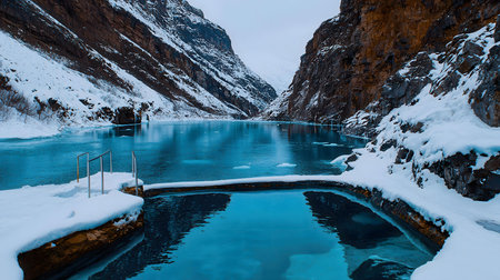 Stunning view of a glacial pool nestled amidst snow-covered mountains. Crystal clear blue water...