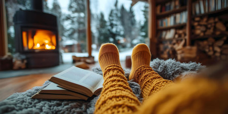 Person relaxing by fireplace, feet up, reading a book in cozy winter settingの写真素材
