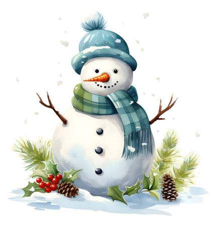 A charming snowman in a winter wonderland setting. Watercolor painting.の写真素材