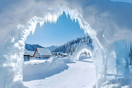 Stunning winter scene viewed through an ice cave, showcasing a charming snow-covered village nestled...