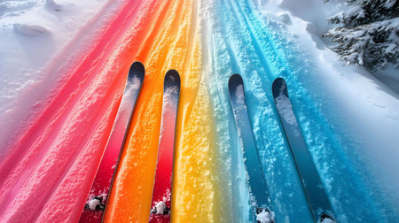 Colorful ski tracks on a snowy mountain slope. A vibrant winter scene.の写真素材