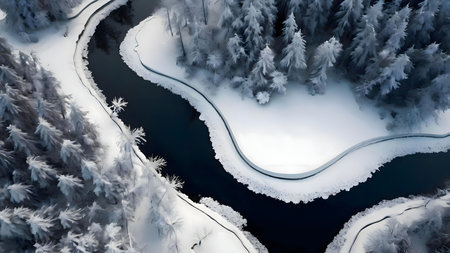 Stunning aerial shot of a winding river, completely frozen over, flowing through a snow covered forest. A winter wonderland.の写真素材
