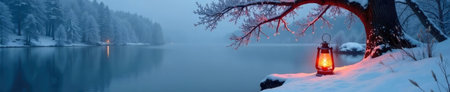 A glowing lantern sits on a snowy lakeshore, reflecting winter's magic.の写真素材