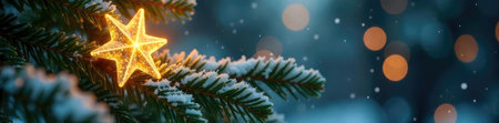 A glowing star adorns a snow-covered Christmas tree branch.