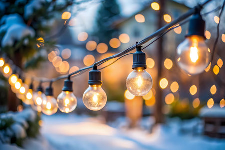Glowing string lights illuminate a snowy winter scene. Warm and cozy atmosphere.の写真素材