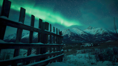 Stunning Aurora Borealis display over a snow covered mountain range viewed through a rustic wooden fence.の写真素材