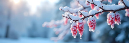 Stunning close-up of snow-covered red berries on a branch in a winter forest. A serene and beautiful winter scene.の写真素材