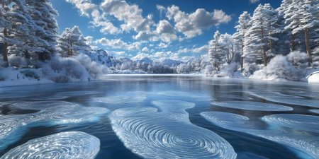 A breathtaking winter scene of a frozen lake with unique ice formations, surrounded by snow-covered mountains and pine trees under a bright winter sky.の写真素材