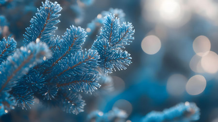 Close-up of frosted pine tree branches. Beautiful winter scene with icy blue tones.の写真素材