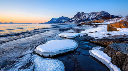A stunning winter sunset over a frozen coastline. Mountains, ice formations, and tranquil waters combine for a breathtaking view.の写真素材