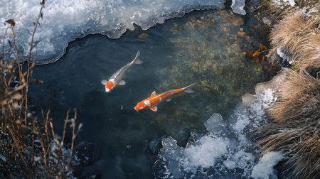 Two Koi fish swim in a partially frozen pond during winter. The scene is serene and peaceful, showing the beauty of nature in the cold season.の写真素材