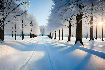 A sunlit winter scene of snow-covered trees lining a path. Peaceful and serene.の写真素材