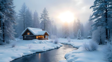 A charming wooden cabin nestled in a snow-covered winter forest, beside a tranquil river. The scene is serene and picturesque.の写真素材
