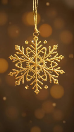 A golden snowflake ornament hangs elegantly against a softly blurred background of warm golden lights, creating a festive and magical holiday scene.の写真素材