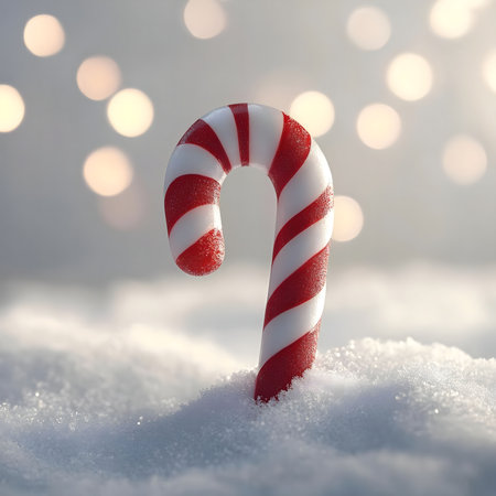 A single candy cane stands in the snow, bokeh lights in the background, creating a festive holiday atmosphere.の写真素材