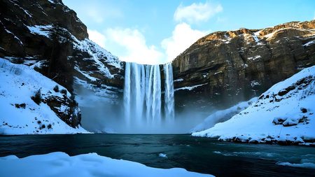 Stunning winter waterfall in Iceland. Frozen landscape, majestic cascade.の写真素材
