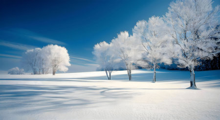 A breathtaking winter scene featuring snow-covered trees under a vibrant blue sky. The image evokes a sense of peace and tranquility.の写真素材