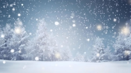 A serene winter scene with snow falling on a snowy forest. Perfect for holiday or winter themed projects.の写真素材