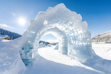 Stunning ice archway in a snowy winter landscape. A breathtaking scene of nature's beauty.