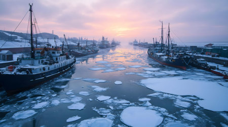 Fishing boats are frozen in a harbor at dawn. Ice floes cover the water's surface.